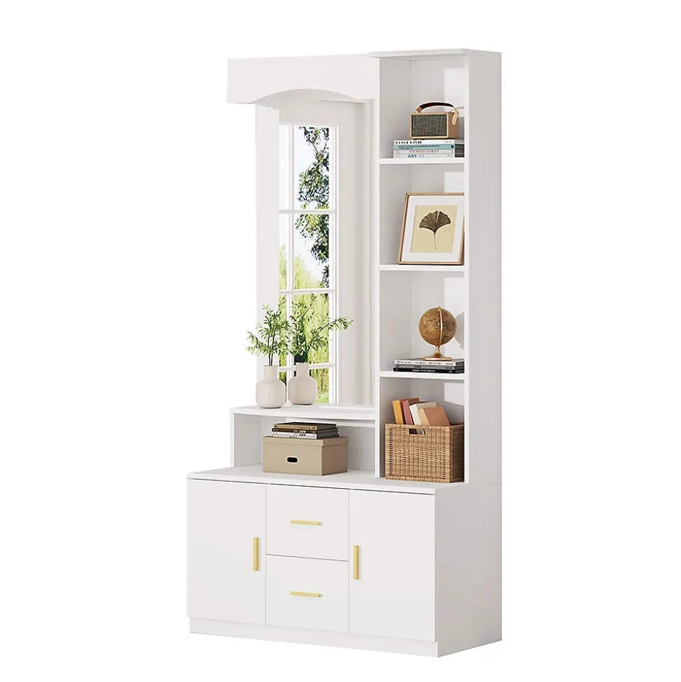 Meuble entrée 90x40x180 cm, rangement chaussures, miroir, 2 tiroirs, blanc