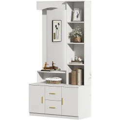 Meuble entrée 90x40x180 cm, rangement chaussures, miroir, 2 tiroirs, blanc