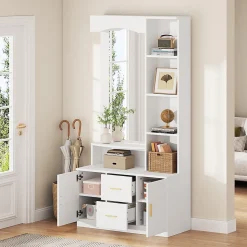 Meuble entrée 90x40x180 cm, rangement chaussures, miroir, 2 tiroirs, blanc