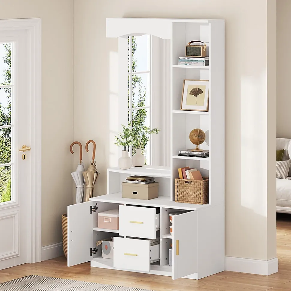 Meuble entrée 90x40x180 cm, rangement chaussures, miroir, 2 tiroirs, blanc