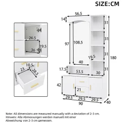 Meuble entrée 90x40x180 cm, rangement chaussures, miroir, 2 tiroirs, blanc
