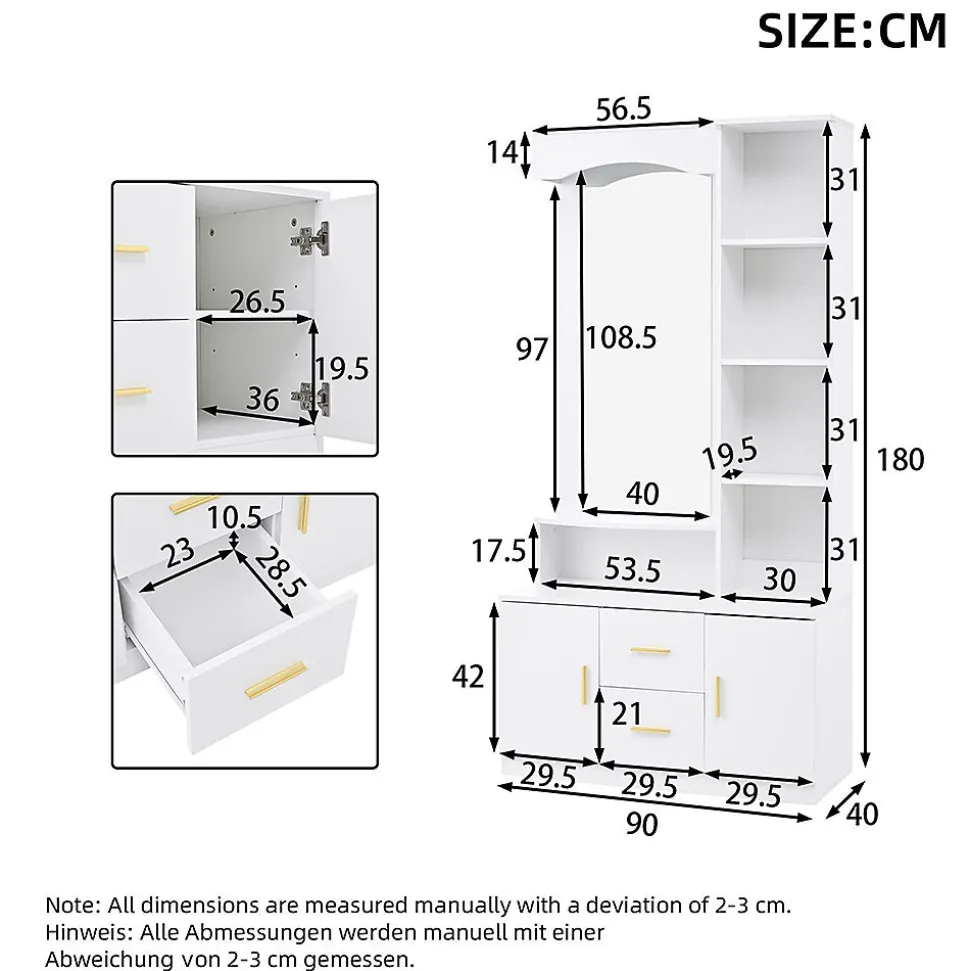 Meuble entrée 90x40x180 cm, rangement chaussures, miroir, 2 tiroirs, blanc