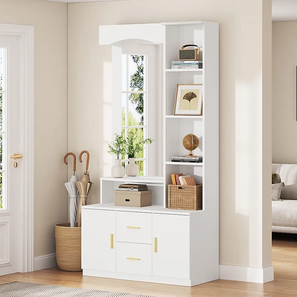 Meuble entrée 90x40x180 cm, rangement chaussures, miroir, 2 tiroirs, blanc