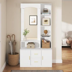 Meuble entrée 90x40x180 cm, rangement chaussures, miroir, 2 tiroirs, blanc