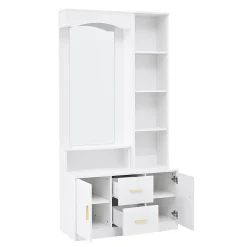 Meuble entrée 90x40x180 cm, rangement chaussures, miroir, 2 tiroirs, blanc