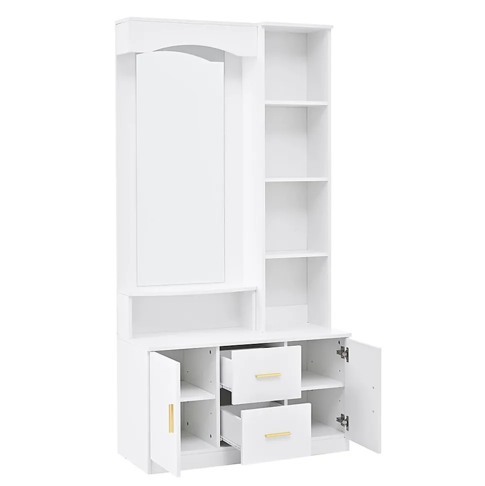 Meuble entrée 90x40x180 cm, rangement chaussures, miroir, 2 tiroirs, blanc