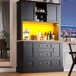 Meuble haut de salon et vitrine de cuisine, 115 x 40 x 180 cm, noir, éclairage LED, 4 portes, 5 tiroirs
