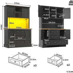Meuble haut de salon et vitrine de cuisine, 115 x 40 x 180 cm, noir, éclairage LED, 4 portes, 5 tiroirs