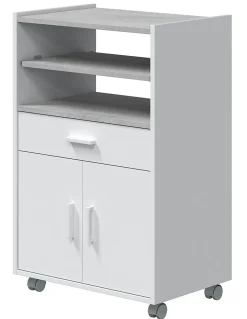 Meuble pour micro-ondes sur roulette en bois mélaminé blanc effet béton - Longueur 59 x Profondeur 40 x Hauteur 92 cm