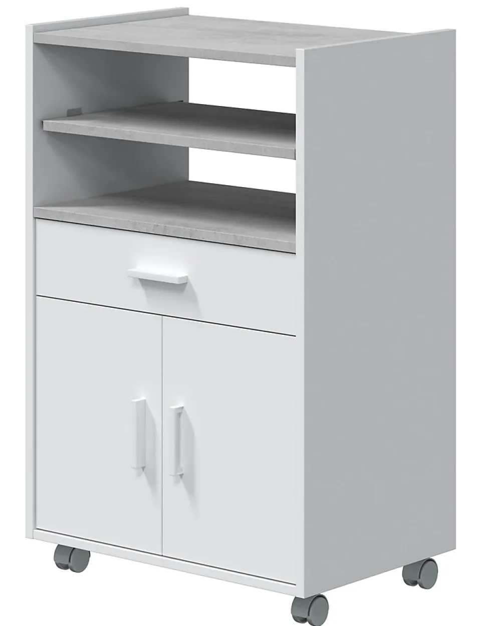 Meuble pour micro-ondes sur roulette en bois mélaminé blanc effet béton - Longueur 59 x Profondeur 40 x Hauteur 92 cm