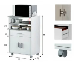 Meuble pour micro-ondes sur roulette en bois mélaminé blanc effet béton - Longueur 59 x Profondeur 40 x Hauteur 92 cm