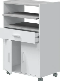 Meuble pour micro-ondes sur roulette en bois mélaminé blanc effet béton - Longueur 59 x Profondeur 40 x Hauteur 92 cm