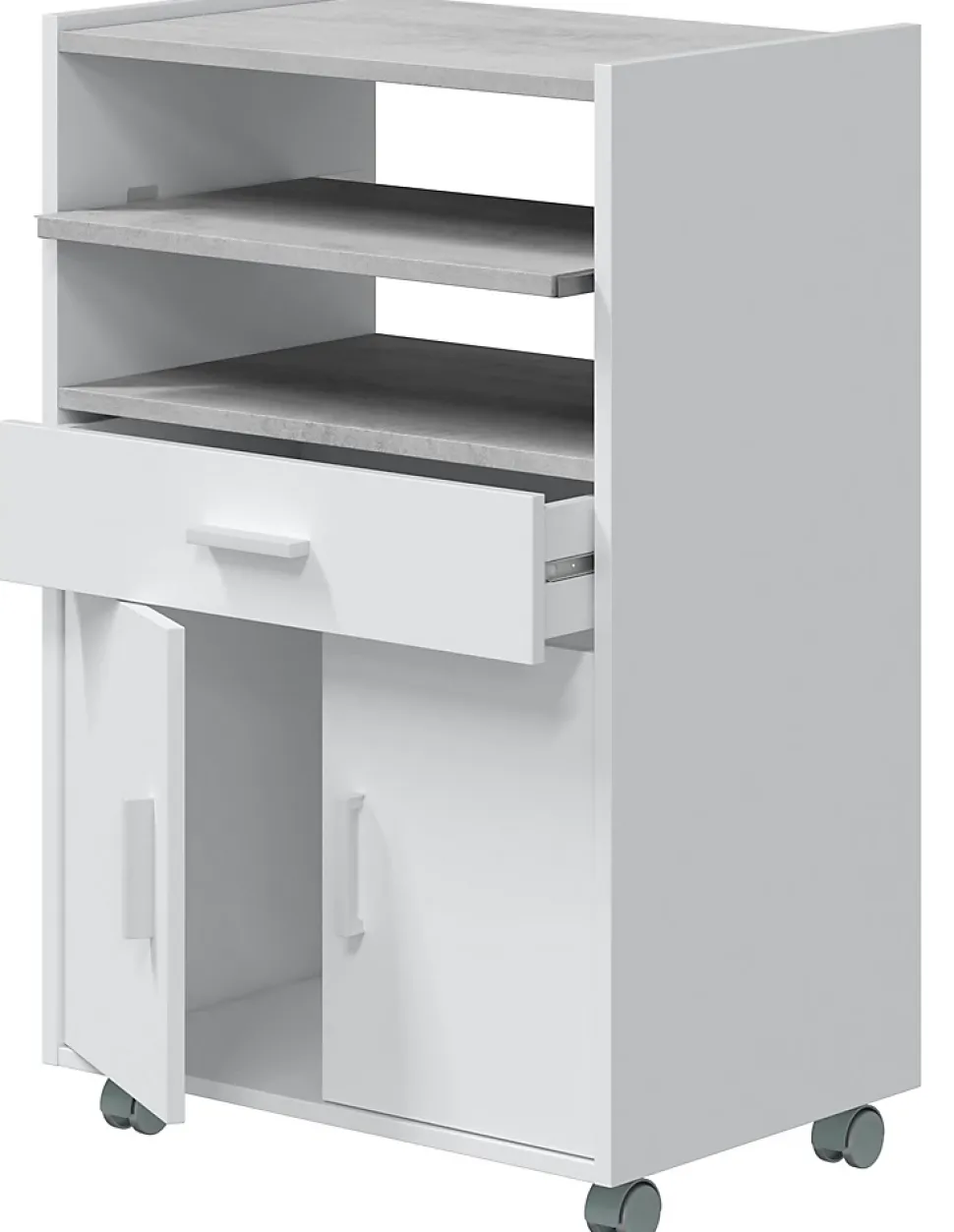 Meuble pour micro-ondes sur roulette en bois mélaminé blanc effet béton - Longueur 59 x Profondeur 40 x Hauteur 92 cm