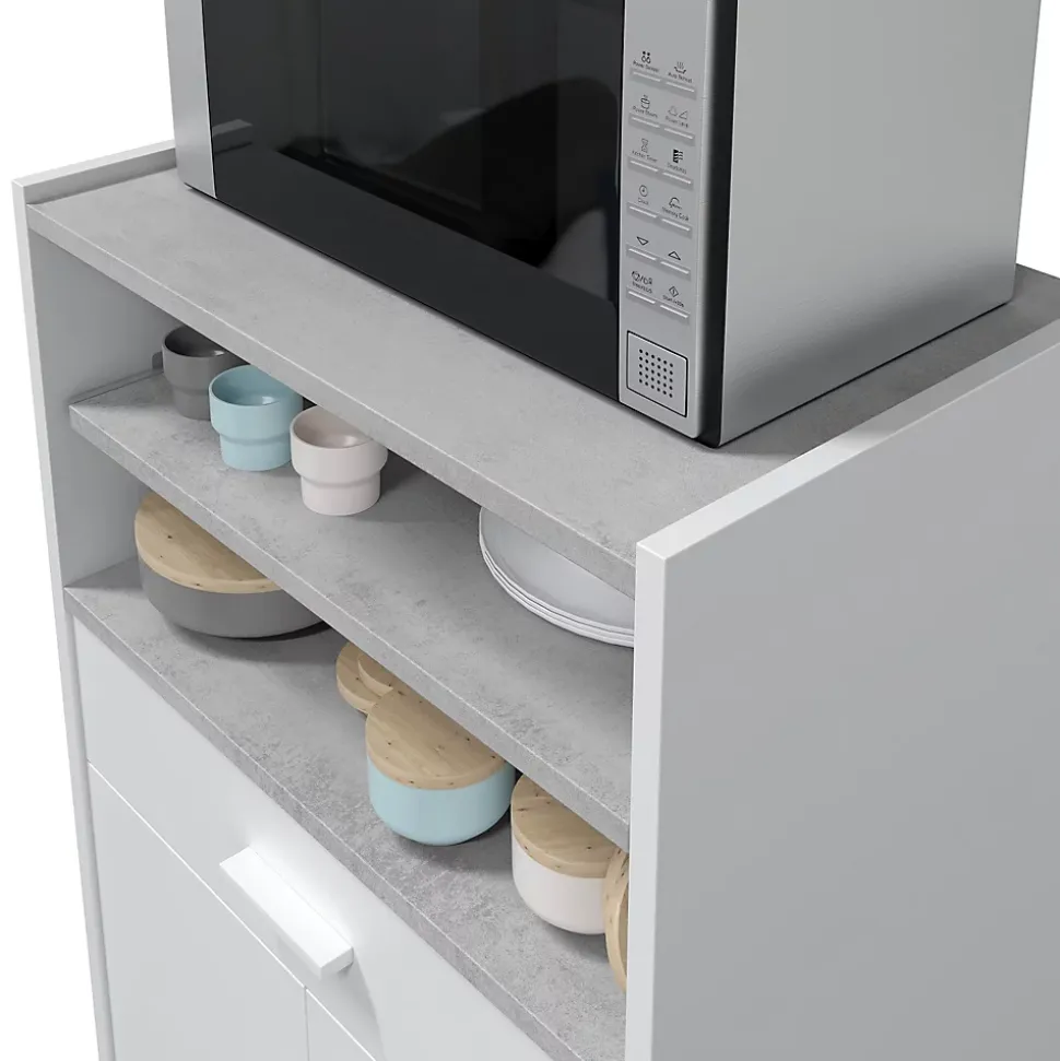 Meuble pour micro-ondes sur roulette en bois mélaminé blanc effet béton - Longueur 59 x Profondeur 40 x Hauteur 92 cm