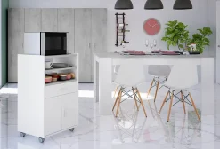 Meuble pour micro-ondes sur roulette en bois mélaminé blanc effet béton - Longueur 59 x Profondeur 40 x Hauteur 92 cm