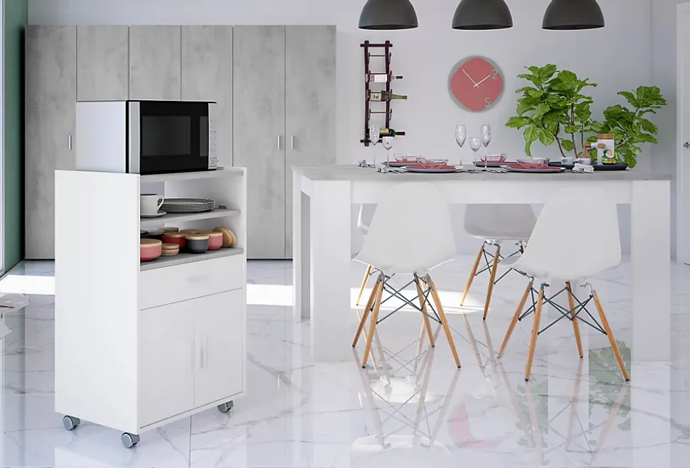 Meuble pour micro-ondes sur roulette en bois mélaminé blanc effet béton - Longueur 59 x Profondeur 40 x Hauteur 92 cm