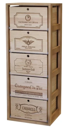 Meuble Range Bouteille de vin Série Godello en Pin Clair 5 caisses de bois sur tablettes coulissantes