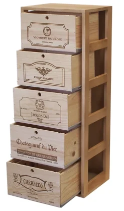Meuble Range Bouteille de vin Série Godello en Pin Clair 5 caisses de bois sur tablettes coulissantes