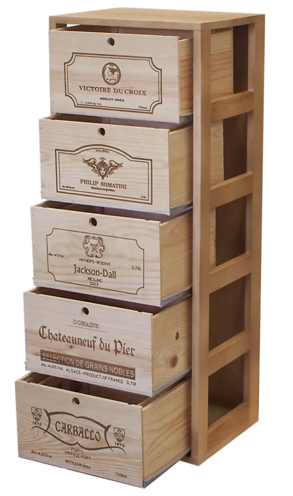 Meuble Range Bouteille de vin Série Godello en Pin Clair 5 caisses de bois sur tablettes coulissantes