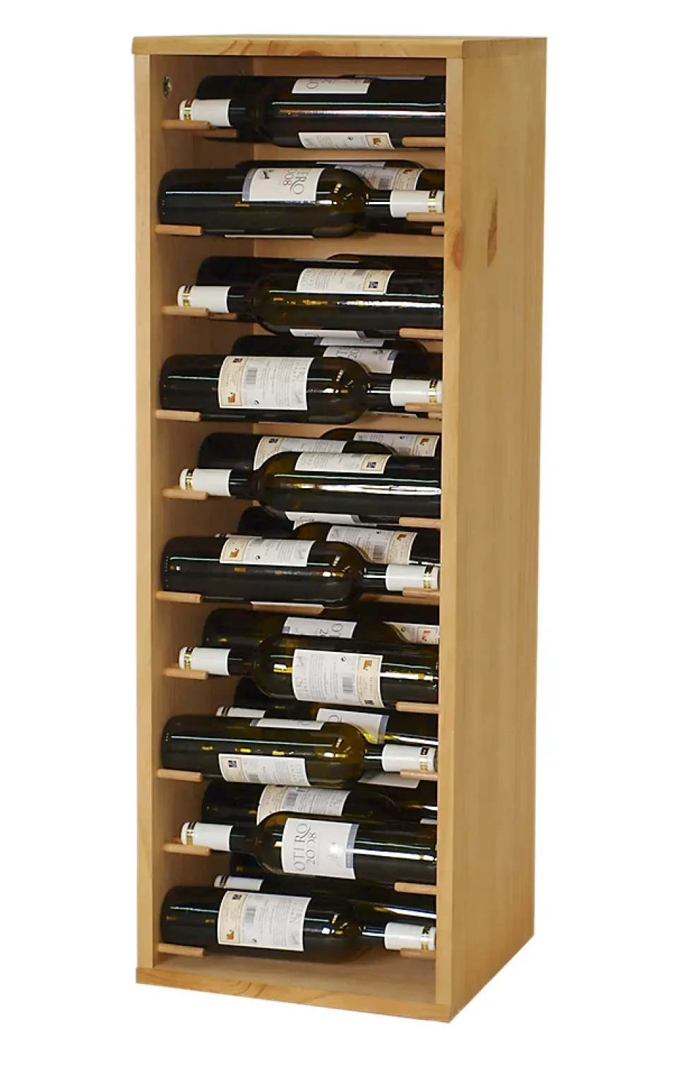 Meuble Range Bouteille de vin Série Godello en Chêne massif 30 bouteilles étiquettes devant