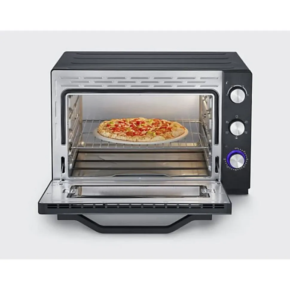 Mini Four Electrique Four posable XXL a chaleur tournante SEVERIN - 60 L - 2 200 W - Tournebroche et pierre a pizza - Noir/Inox