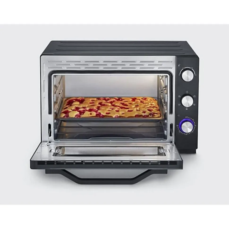 Mini Four Electrique Four posable XXL a chaleur tournante SEVERIN - 60 L - 2 200 W - Tournebroche et pierre a pizza - Noir/Inox