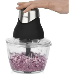 Mini hachoir électrique - H.Koenig - LEO8 - 320 W - Bol en verre 1 L - Lames en acier inoxydable - Noir mat et chrome