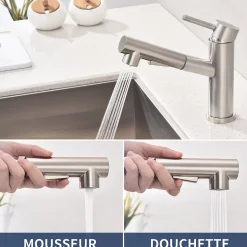 Mitigeur Cuisine avec 2 Modes de Jet Robinet Cuisine avec Douchette Extractible Mitigeur Evier en Inox Brosse Eau Chaude et Froide