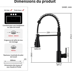 Mitigeur cuisine avec douchette Robinet Cuisine 2 Jets Robinetterie de cuisine Rotation 360 degrés Robinet d'Evier en Laiton