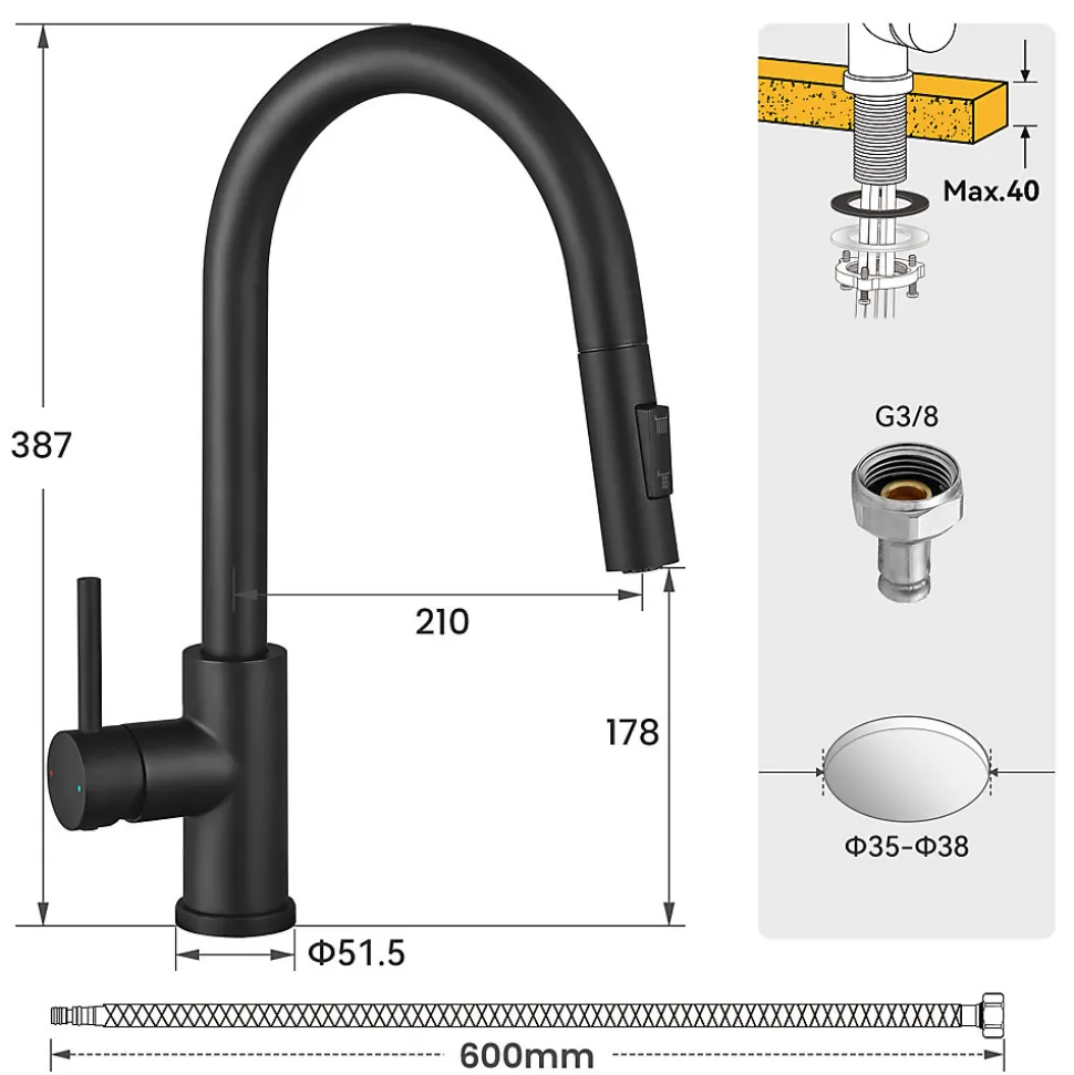 Mitigeur Cuisine avec Douchette Noir, CECIPA MAX Robinet Cuisine Extractible avec 2 Modes de Pulvérisation Brossé