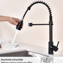 Mitigeur cuisine Noir avec douchette Robinet de Cuisine à Ressort Robinetterie de cuisine Rotation