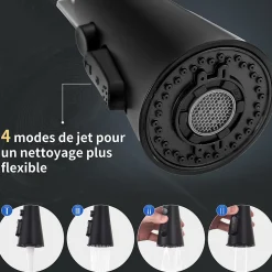 Mitigeur cuisine Noir avec douchette Robinet de Cuisine à Ressort Robinetterie de cuisine Rotation