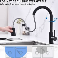 Mitigeur Cuisine Noir avec Douchette Extractible Rotatif à 360 degrés en Acier Inoxydable Robinet Cuisine Evier 2 Fonctions
