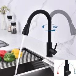 Mitigeur Cuisine Noir avec Douchette Extractible Rotatif à 360 degrés en Acier Inoxydable Robinet Cuisine Evier 2 Fonctions