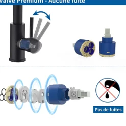 Mitigeur Cuisine Noir avec Douchette Extractible Rotatif à 360 degrés en Acier Inoxydable Robinet Cuisine Evier 2 Fonctions