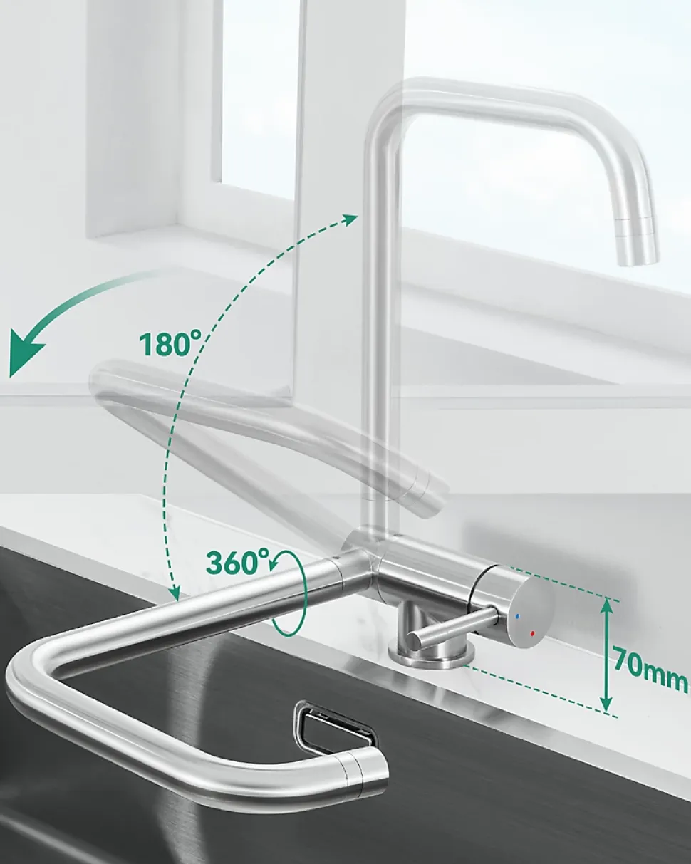 Mitigeur cuisine rabattable, robinet cuisine rabattable avec 2 Jets, robinetterie pliable devant fenêtre