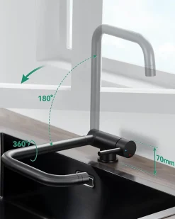 Mitigeur cuisine rabattable noir, CECIPA MAX robinet cuisine rabattable avec 2 Jets, robinetterie pliable devant fenêtre