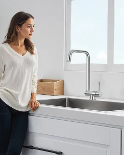 Mitigeur cuisine rabattable noir, CECIPA MAX robinet cuisine rabattable avec 2 Jets, robinetterie pliable devant fenêtre