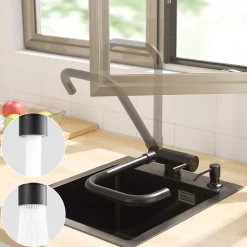 Mitigeur cuisine rabattable noir, robinet cuisine rabattable avec 2 Jets, robinetterie pliable devant fenêtre