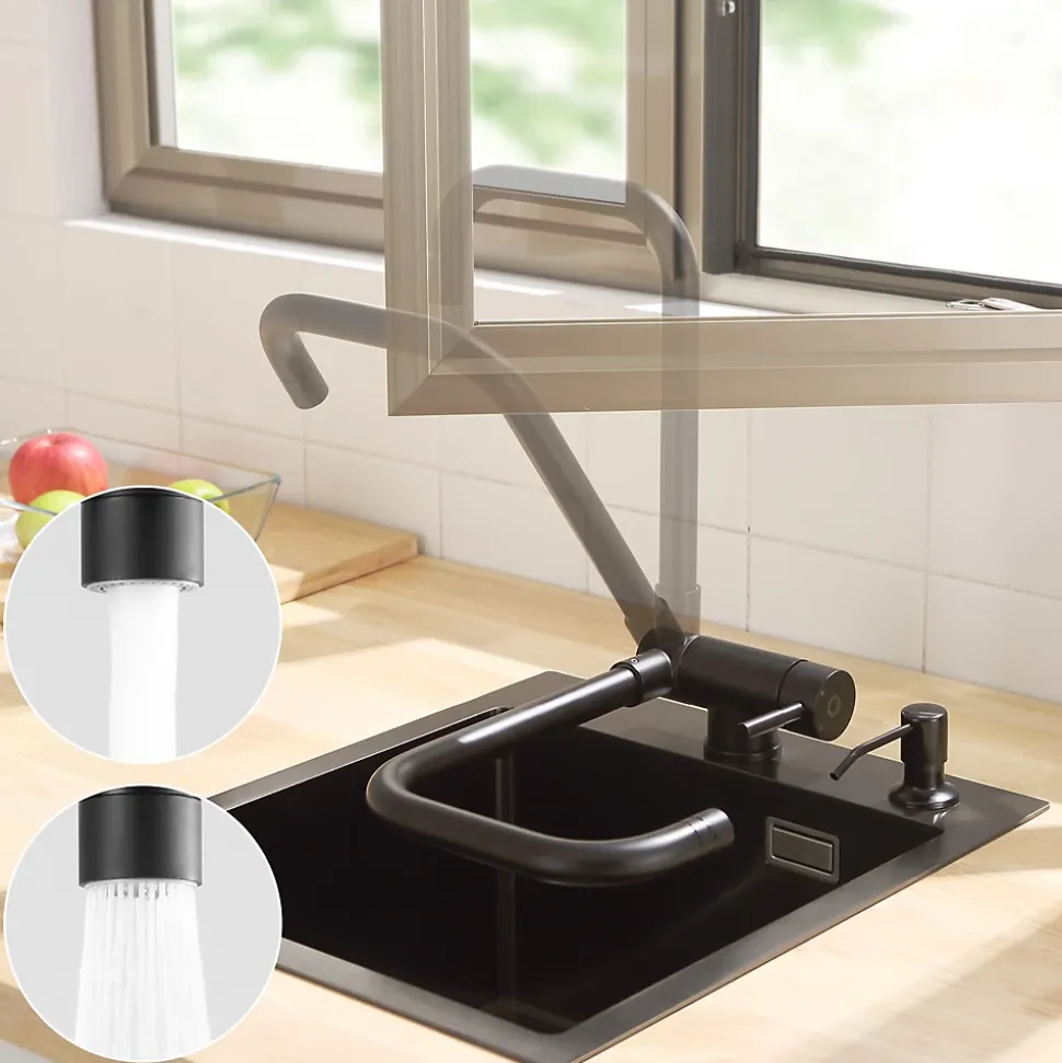 Mitigeur cuisine rabattable noir, robinet cuisine rabattable avec 2 Jets, robinetterie pliable devant fenêtre