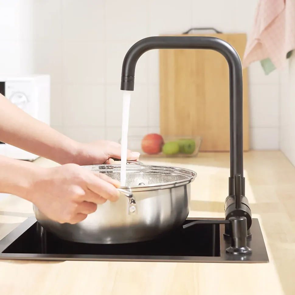 Mitigeur cuisine rabattable noir, robinet cuisine rabattable avec 2 Jets, robinetterie pliable devant fenêtre