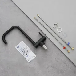 Mitigeur cuisine rabattable noir, robinet cuisine rabattable avec 2 Jets, robinetterie pliable devant fenêtre