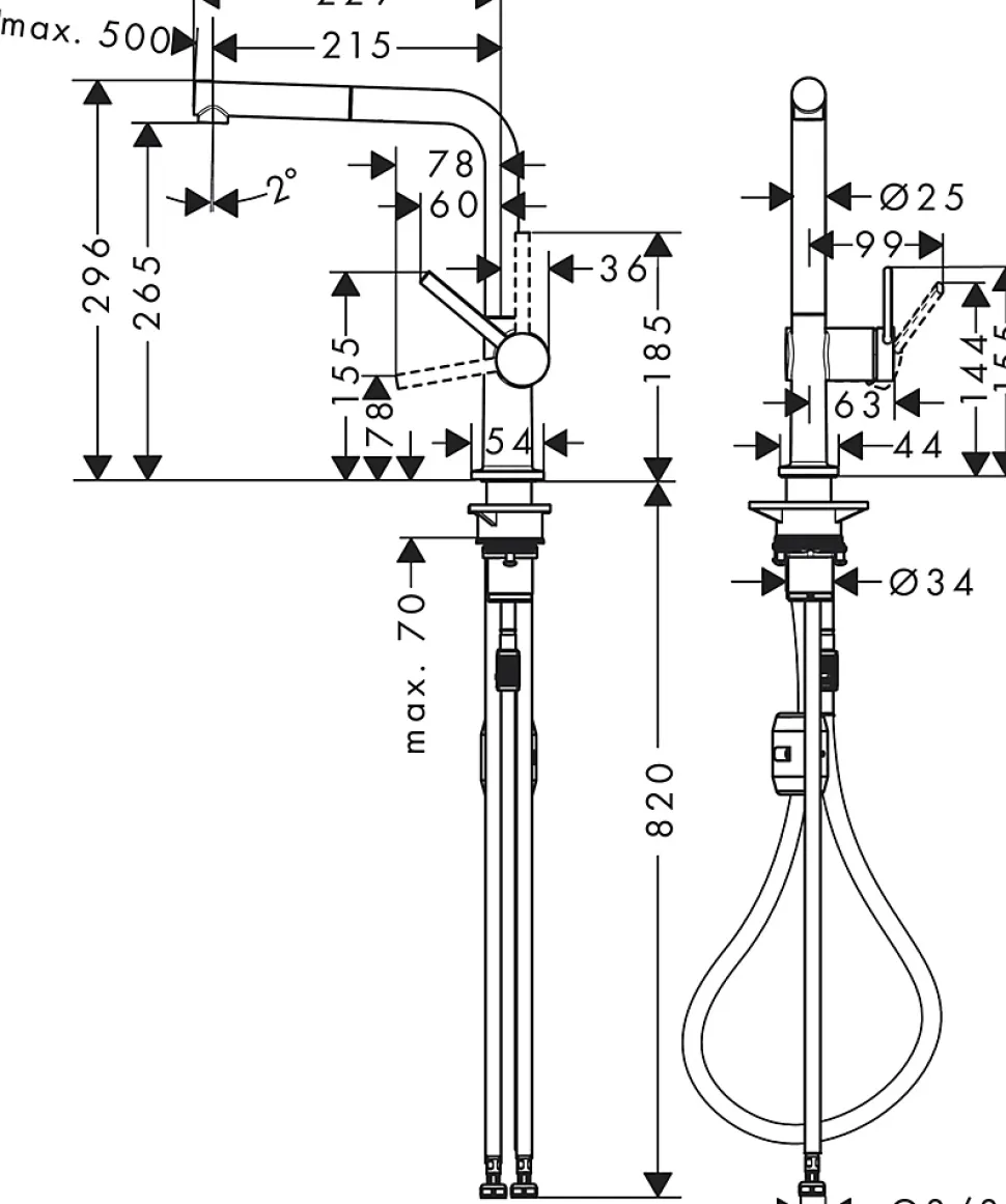Mitigeur de cuisine avec douchette extractible chromé Hansgrohe Talis M54 H. 296 cm