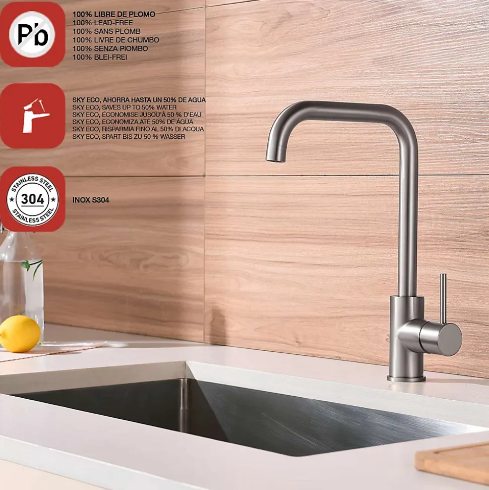 Mitigeur de cuisine bec haut SKY BATH nickel brossé Inox S304 série COMFORT
