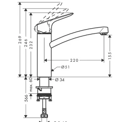 Mitigeur de cuisine chromé Hansgrohe Mysport M Ø51 x P.22 x H.23,2 cm