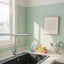 Mitigeur de cuisine extractible, douchette incluse, acier inoxydable brossé