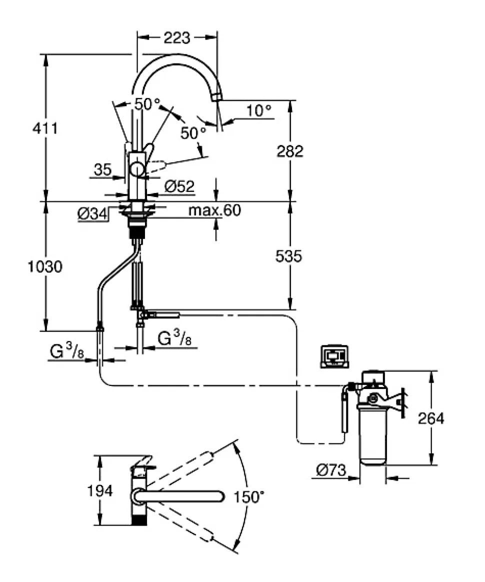 Mitigeur de cuisine filtrant chromé Grohe Blue Pure Curve brillant