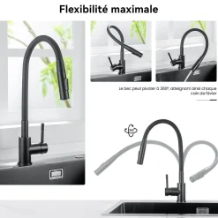 Mitigeur de Cuisine Flexible Noir, CECIPA MAX Robinet Cuisine Rabattable AVEC DEUX MODES D'EAU