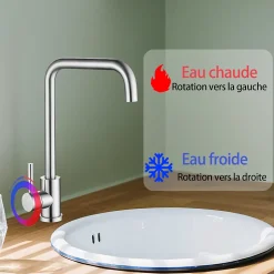 Mitigeur de cuisine pivotant 360, forme L, acier inoxydable, monolevier, 1 trou