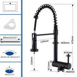 Mitigeur de Cuisine Rabattable Noir Robinet Cuisine à Ressort avec Douchette 2 Modes, Robinet Évier Pliable Rotatif à 360